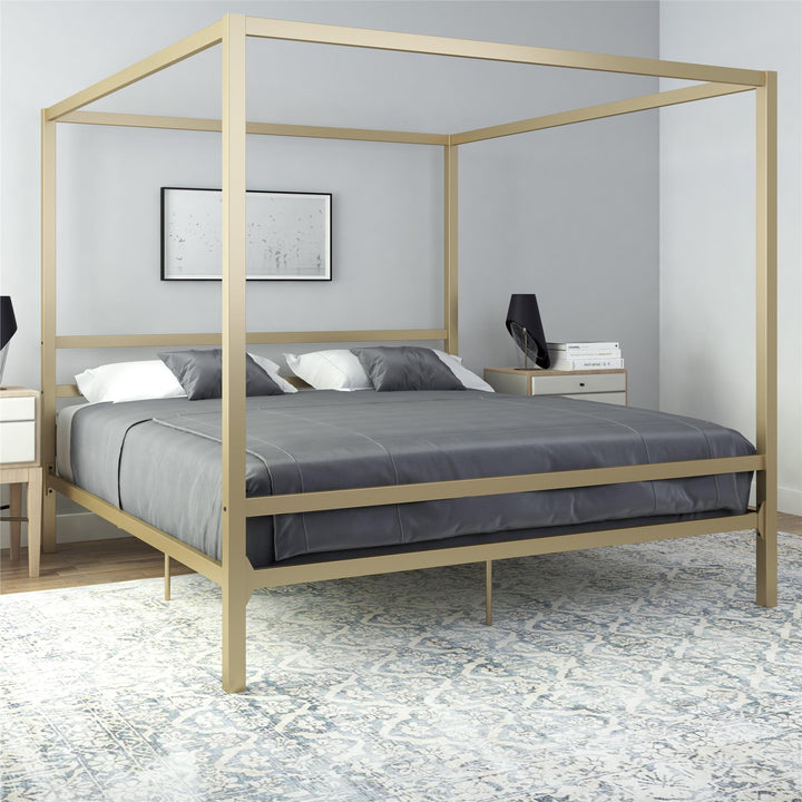 Modern Metal Canopy Bed with Sleek Built-In Headboard - Gold - King