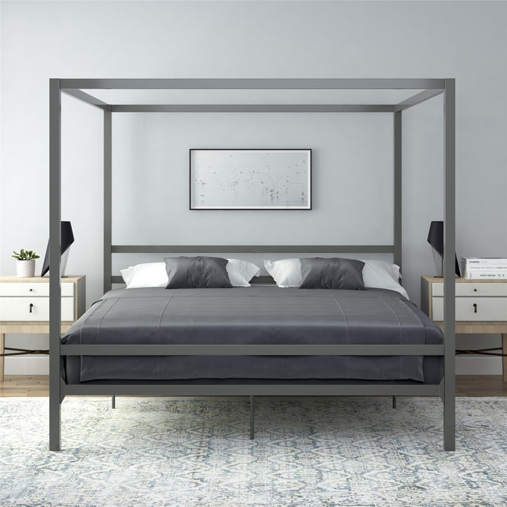Modern Metal Canopy Bed with Sleek Built-In Headboard - Gray - King