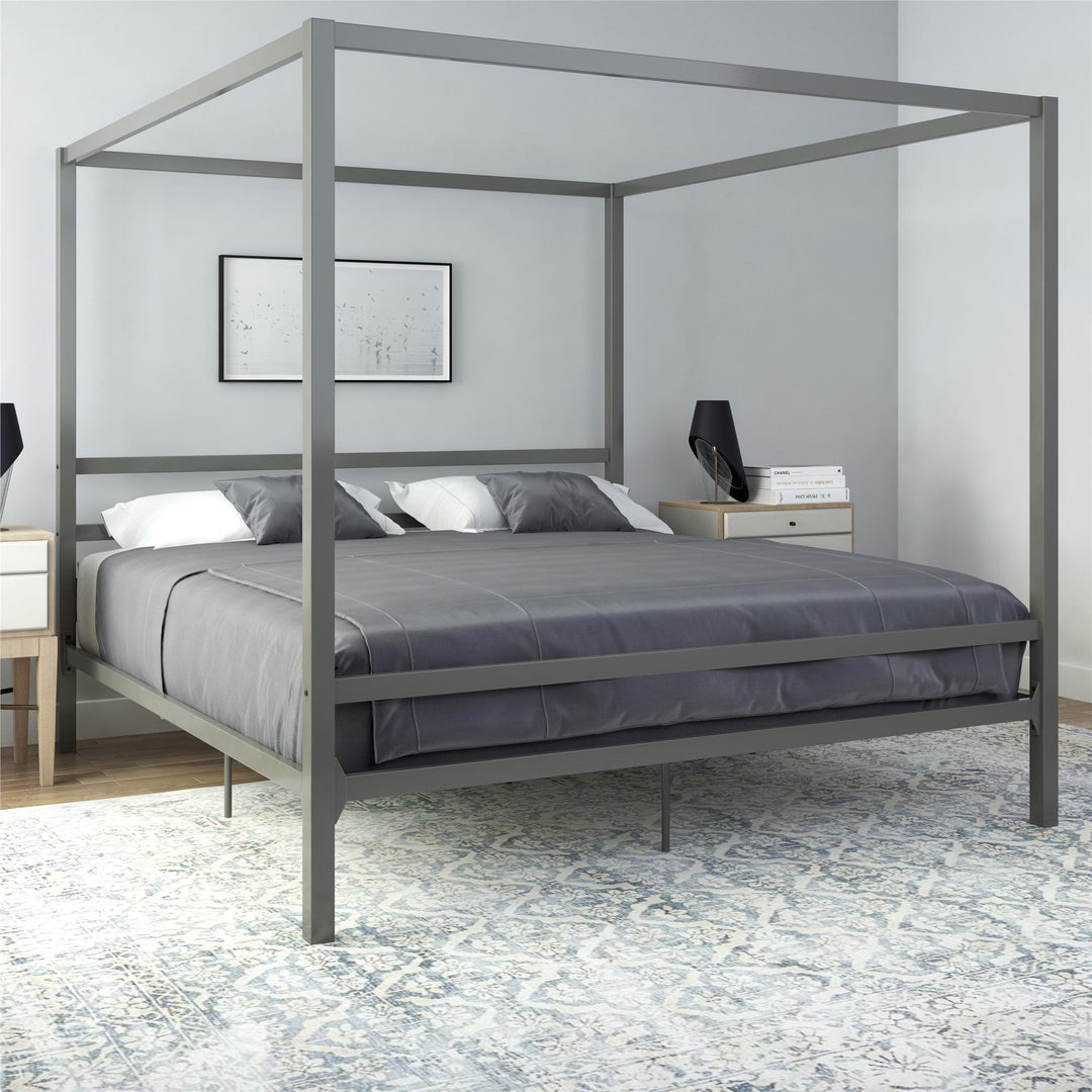 Modern Metal Canopy Bed with Sleek Built-In Headboard - Gray - King