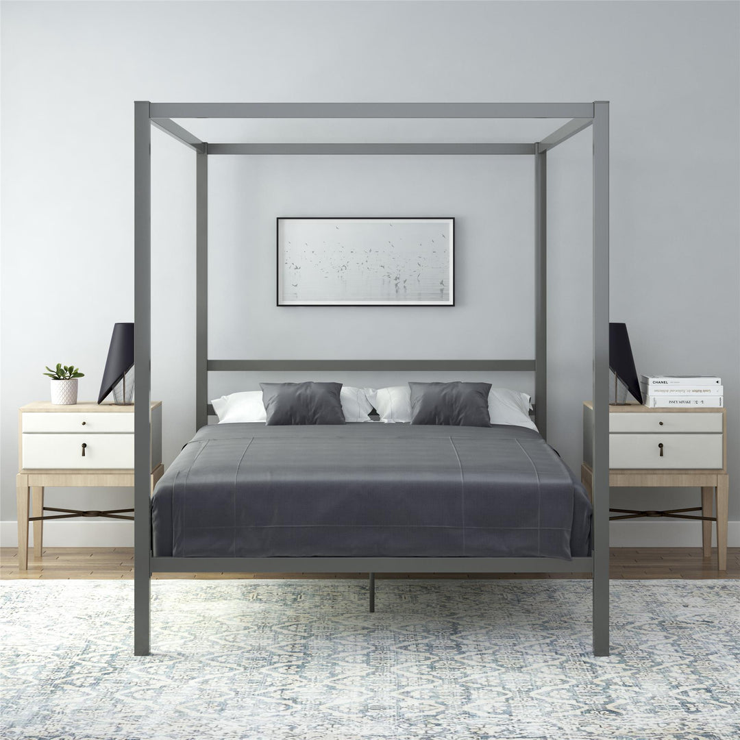 Metal Canopy Bed with Headboard -  Gray  -  Queen