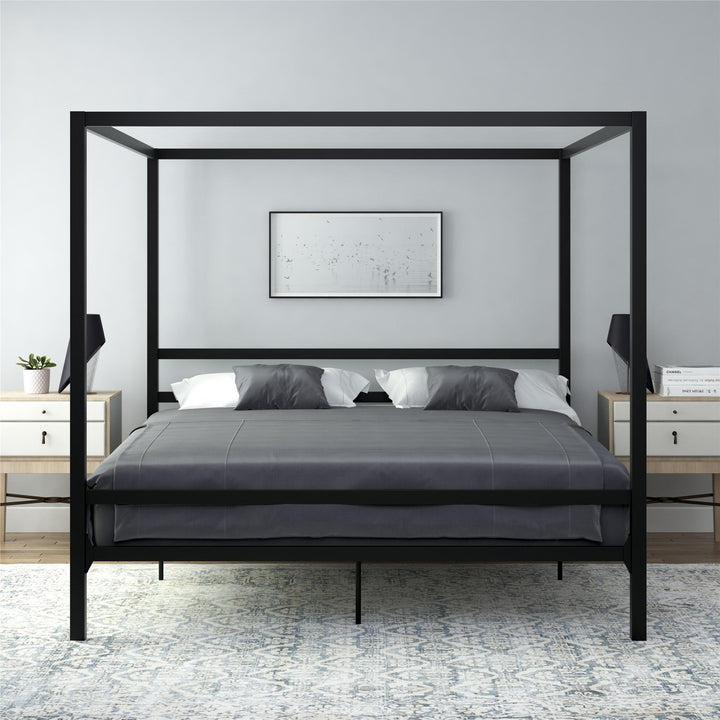 Modern Metal Canopy Bed with Sleek Built-In Headboard - Black - King