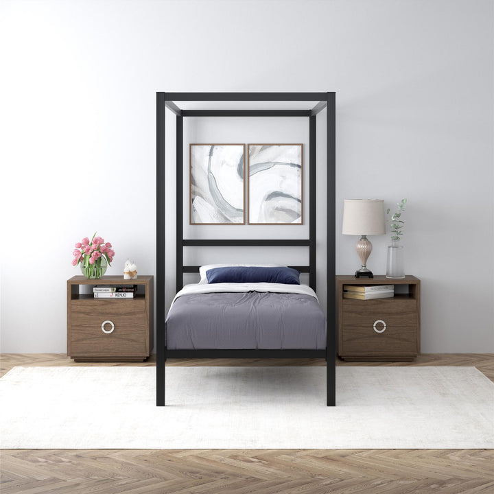 Modern Metal Canopy Bed with Sleek Built-In Headboard - Black - Twin