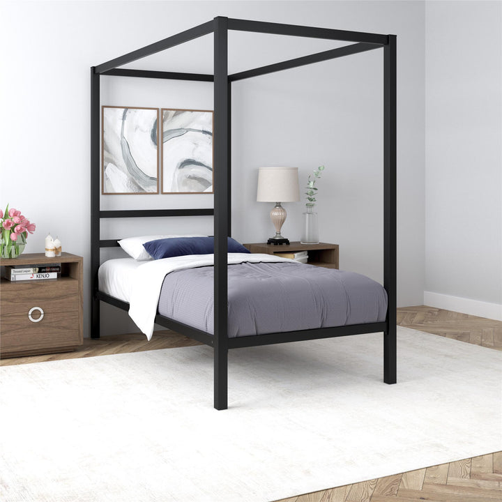 Modern Metal Canopy Bed with Sleek Built-In Headboard - Black - Twin