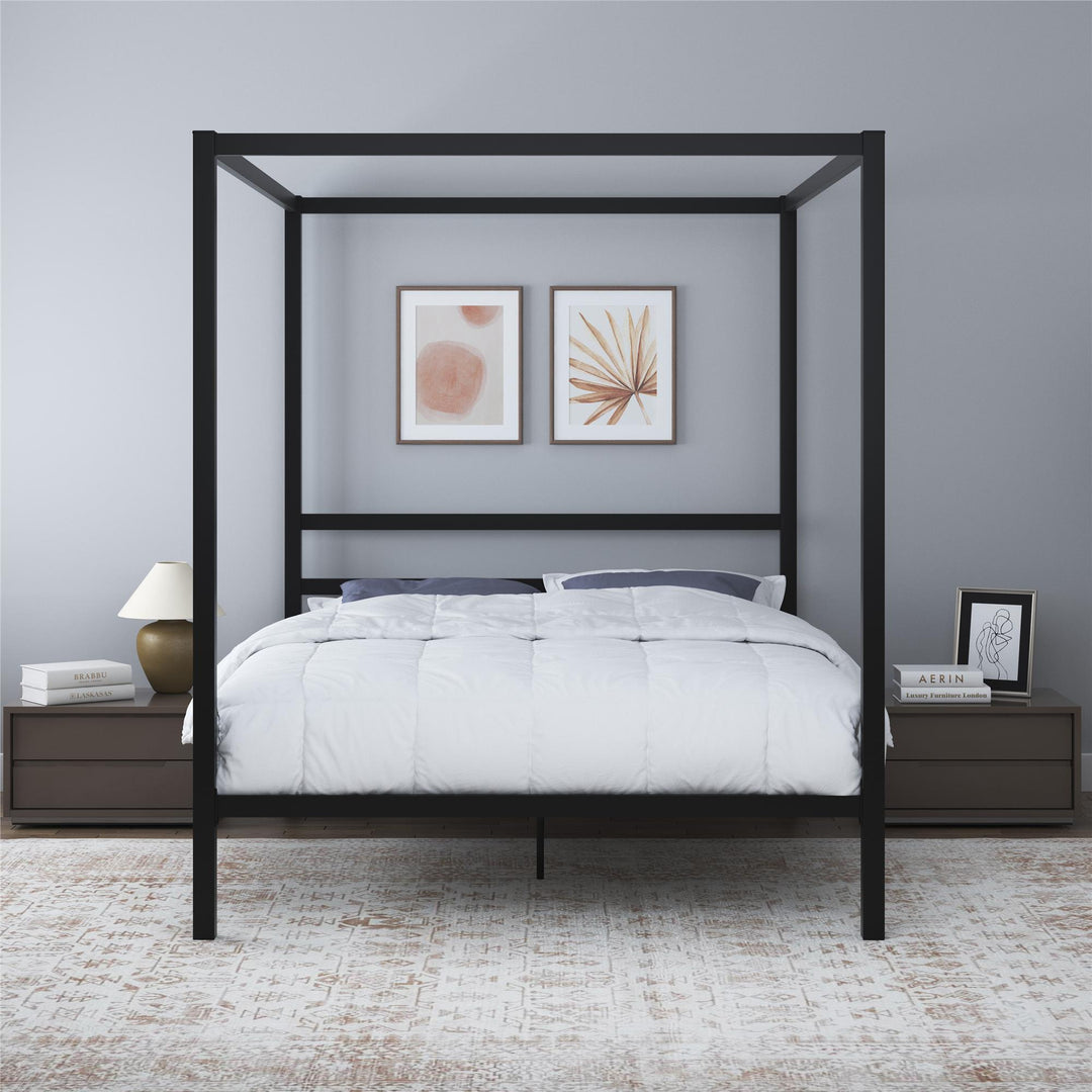 Canopy Bed with Built-In Headboard -  Black  -  Queen