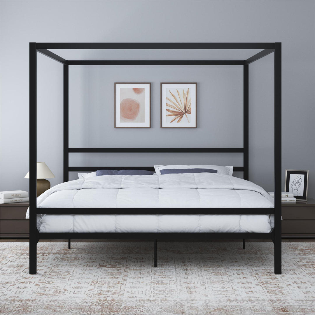 Modern Metal Canopy Bed with Sleek Built-In Headboard - Black - King