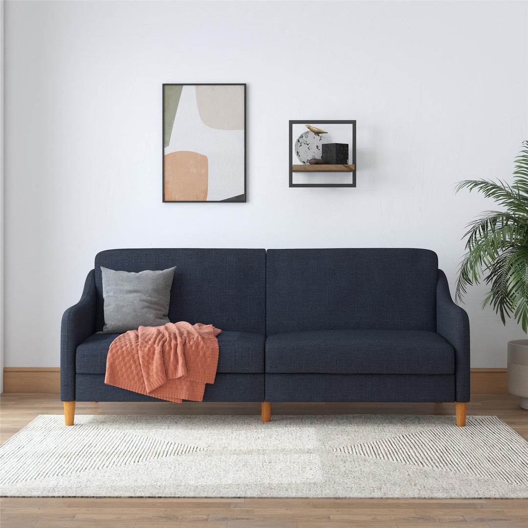 Jasper Coil Futon with Linen or Faux Leather Upholstery and Round Wood Legs - Navy Linen