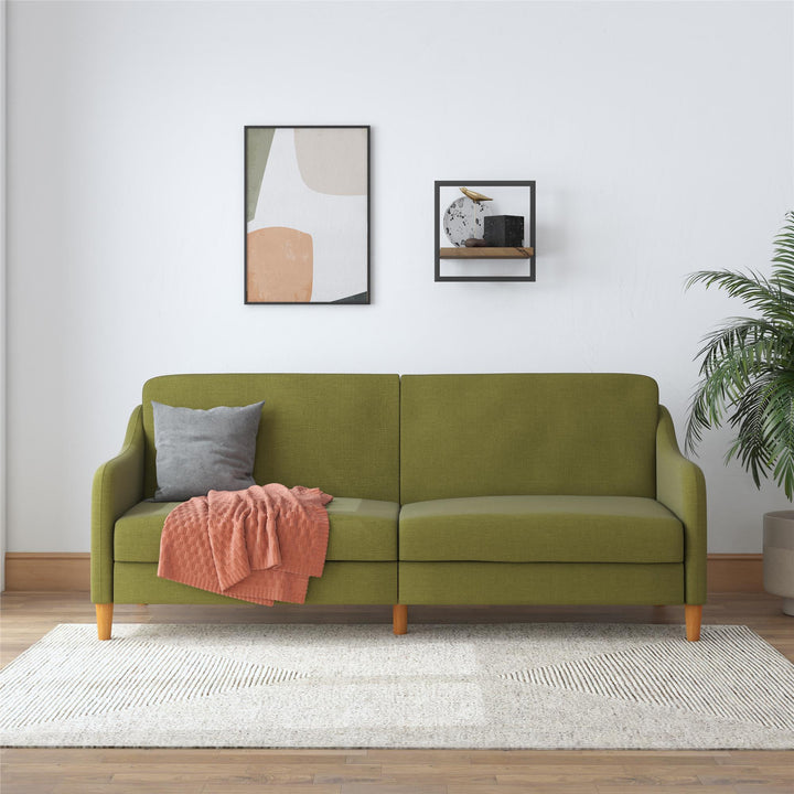 Jasper Coil Futon with Linen or Faux Leather Upholstery and Round Wood Legs - Green