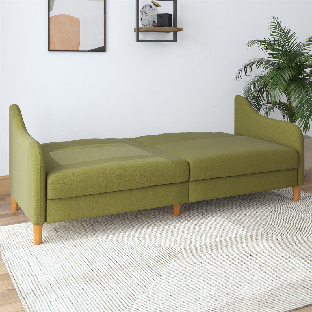 Jasper Coil Futon with Linen or Faux Leather Upholstery and Round Wood Legs - Green