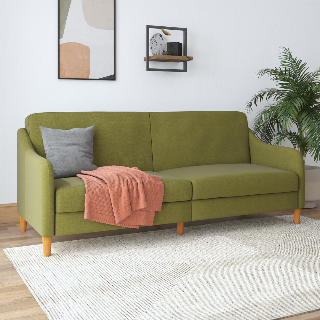 Jasper Coil Futon with Linen or Faux Leather Upholstery and Round Wood Legs - Green