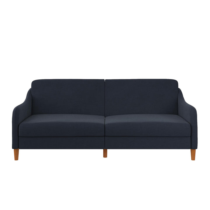 Jasper Coil Futon with Linen or Faux Leather Upholstery and Round Wood Legs - Navy Linen