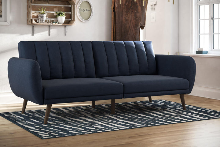 Brittany Futon with Vertical Channel Tufting and Curved Armrests - Navy Linen