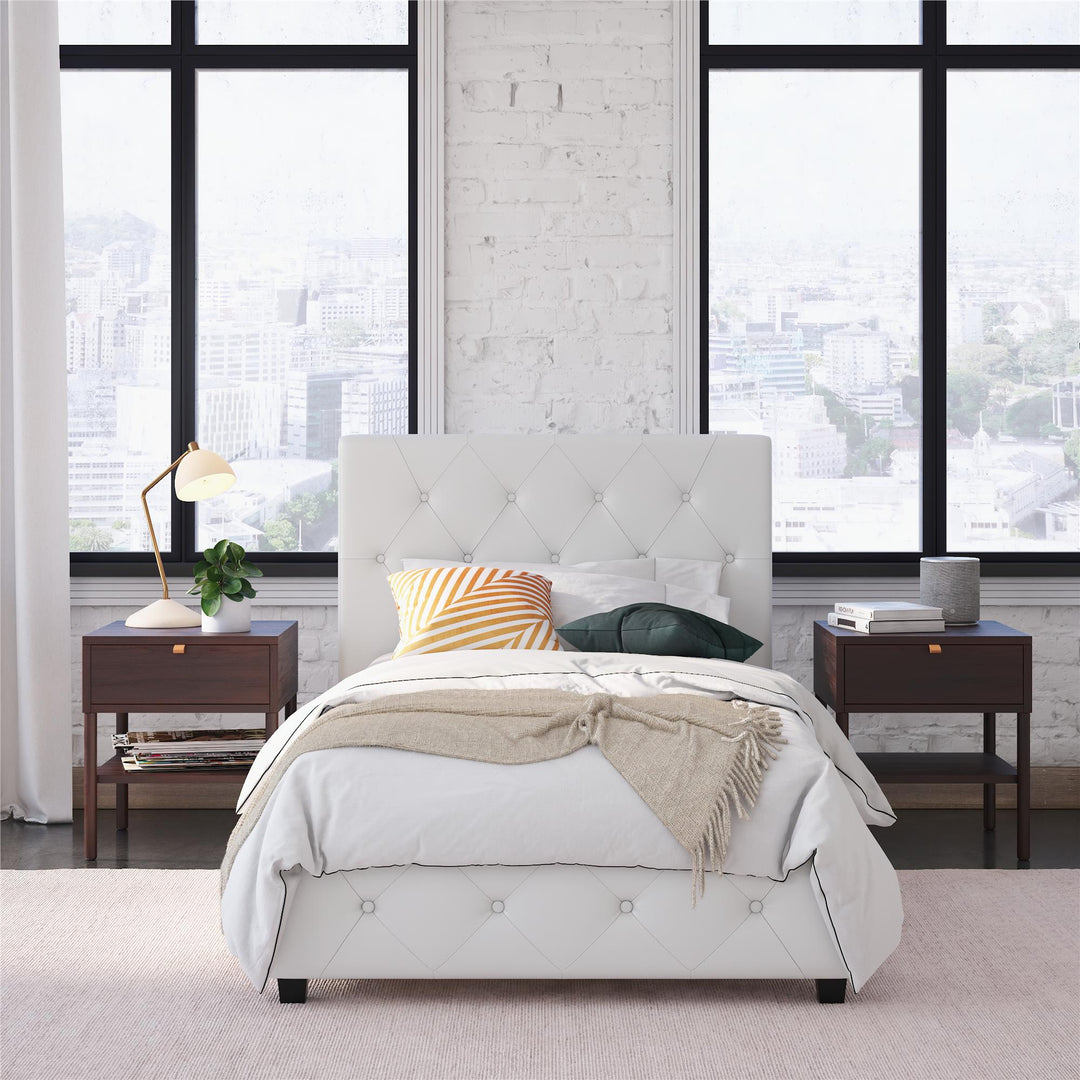 Dakota Upholstered Platform Bed With Diamond Button Tufted Heaboard - White Faux leather - Twin