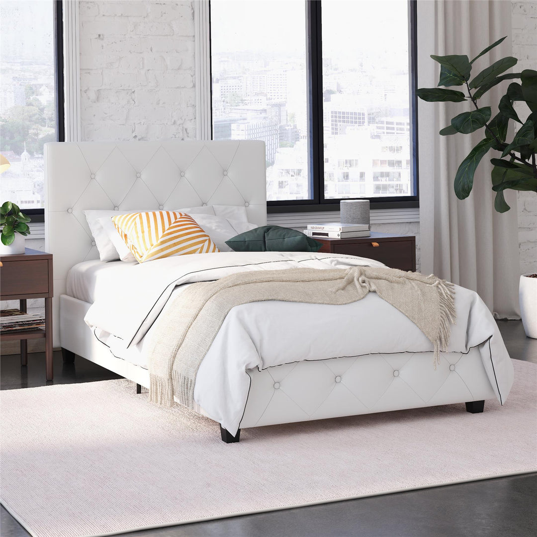 Dakota Upholstered Platform Bed With Diamond Button Tufted Heaboard - White Faux leather - Twin