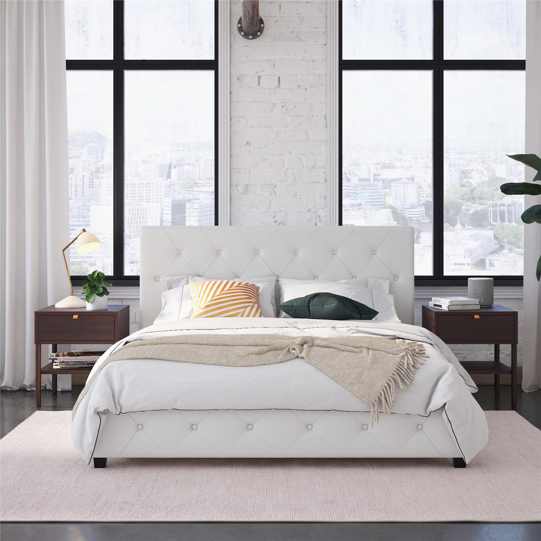 Dakota Upholstered Platform Bed With Diamond Button Tufted Heaboard - White Faux leather - Full