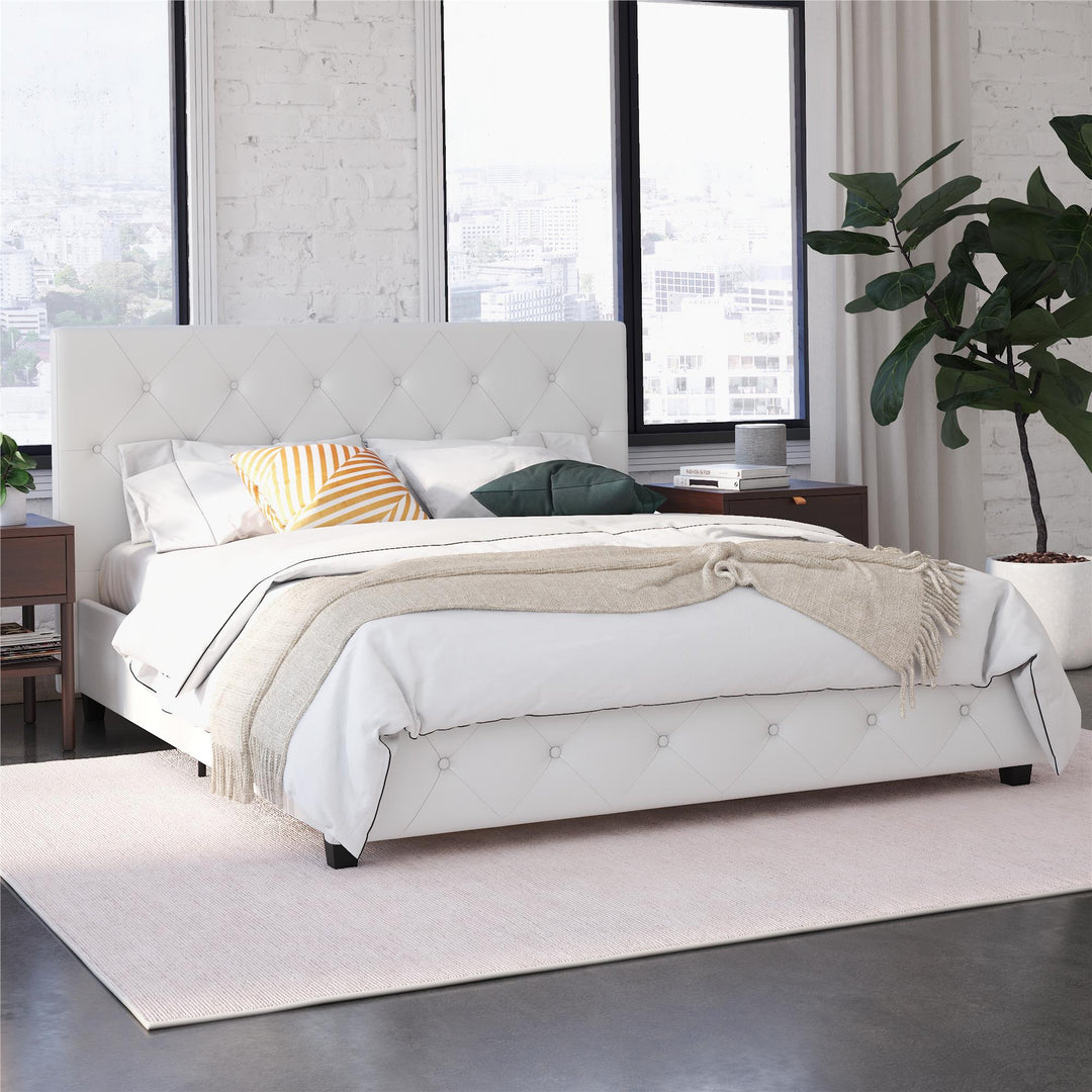 Dakota Upholstered Platform Bed With Diamond Button Tufted Heaboard - White Faux leather - Full