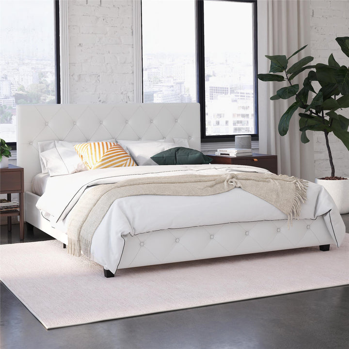Dakota Upholstered Platform Bed With Diamond Button Tufted Heaboard - White Faux leather - Full