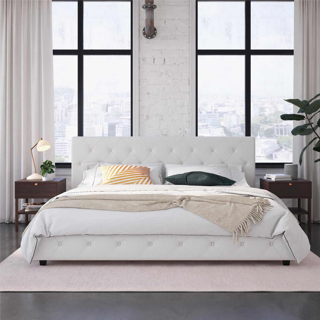 Dakota Upholstered Platform Bed With Diamond Button Tufted Headboard - White Faux leather - King