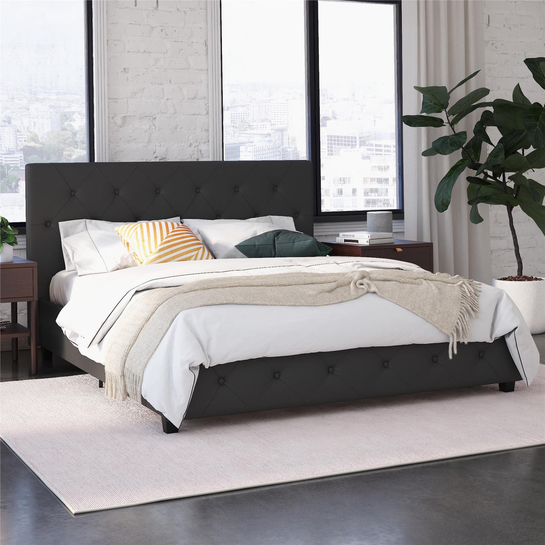 Dakota Upholstered Platform Bed With Diamond Button Tufted Heaboard - Gray - Queen