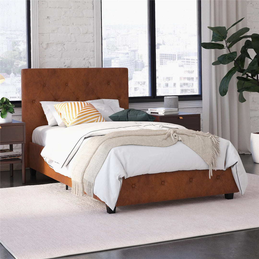 Dakota Upholstered Platform Bed With Diamond Button Tufted Heaboard - Camel - Twin