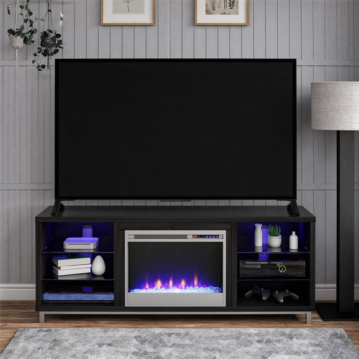 TV Stand for 70 Inch TV with Fireplace and LED Lights -  Black Oak 