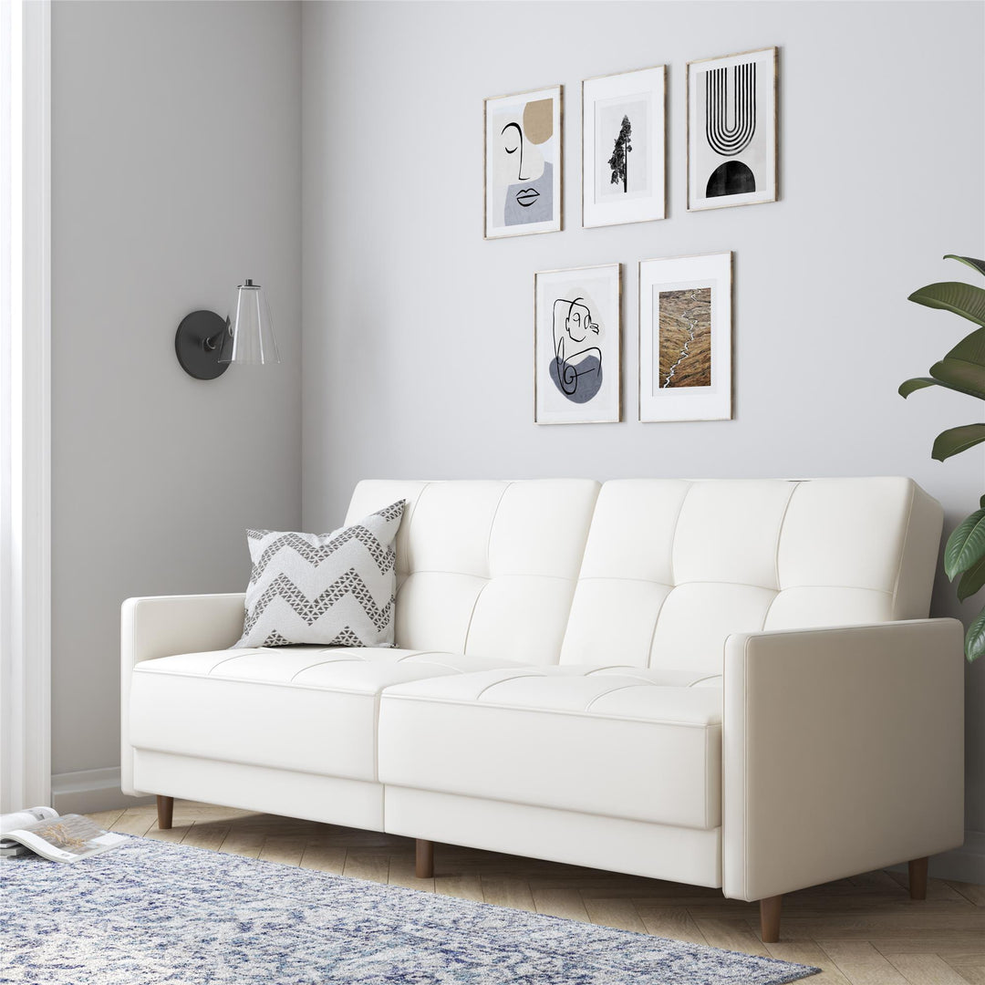 Andora Tufted Upholstered Coil Futon with Wooden Legs - White