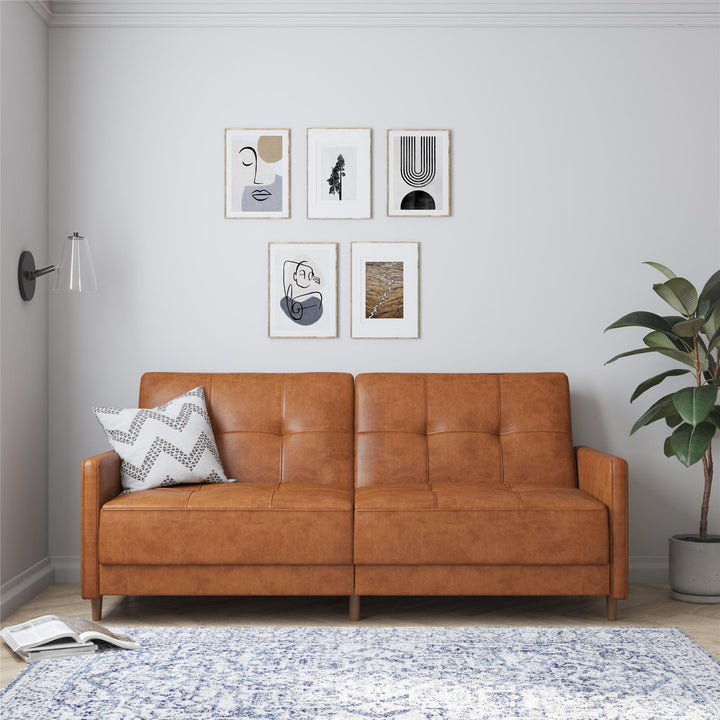 Andora Tufted Upholstered Coil Futon with Wooden Legs - Camel Faux Leather