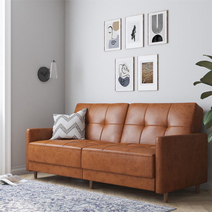 Andora Tufted Upholstered Coil Futon with Wooden Legs - Camel Faux Leather