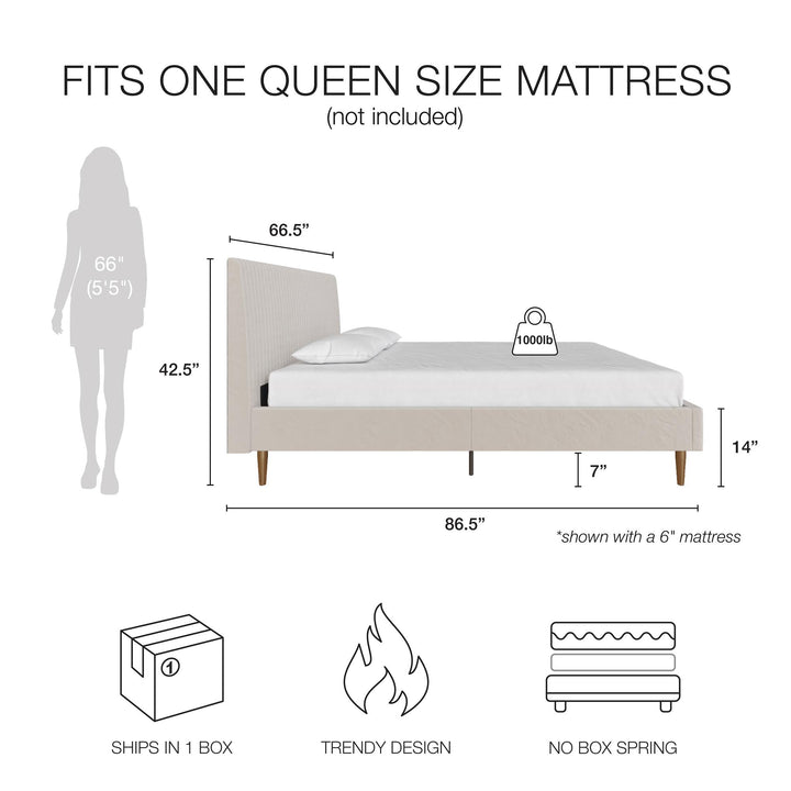 Daphne Velvet Upholstered Bed with Channel Tufted Headboard - Ivory - Queen