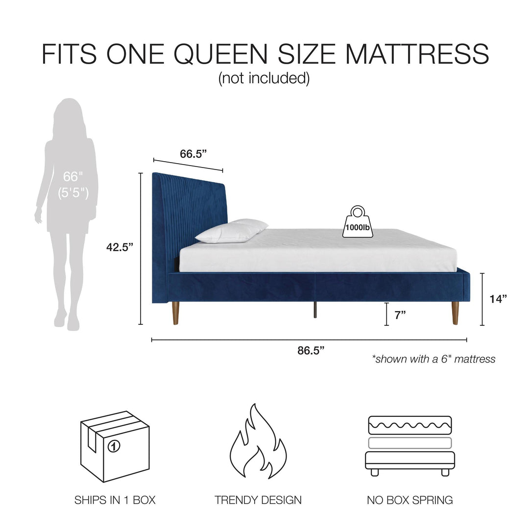 Daphne Velvet Upholstered Bed with Channel Tufted Headboard - Blue - Queen