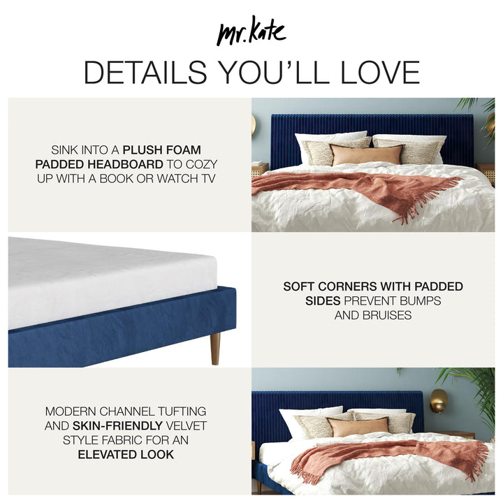 Daphne Velvet Upholstered Bed with Channel Tufted Headboard - Blue - King