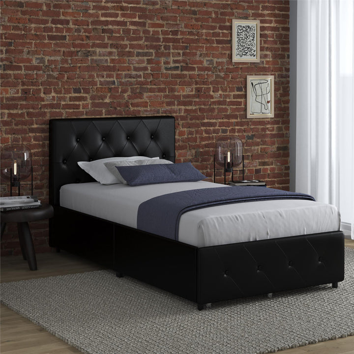 Dakota Upholstered Bed with Left Or Right Storage Drawers - Black Faux Leather - Twin