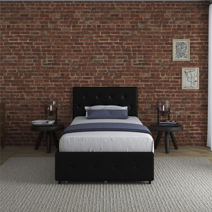 Dakota Upholstered Bed with Left Or Right Storage Drawers - Black Faux Leather - Twin