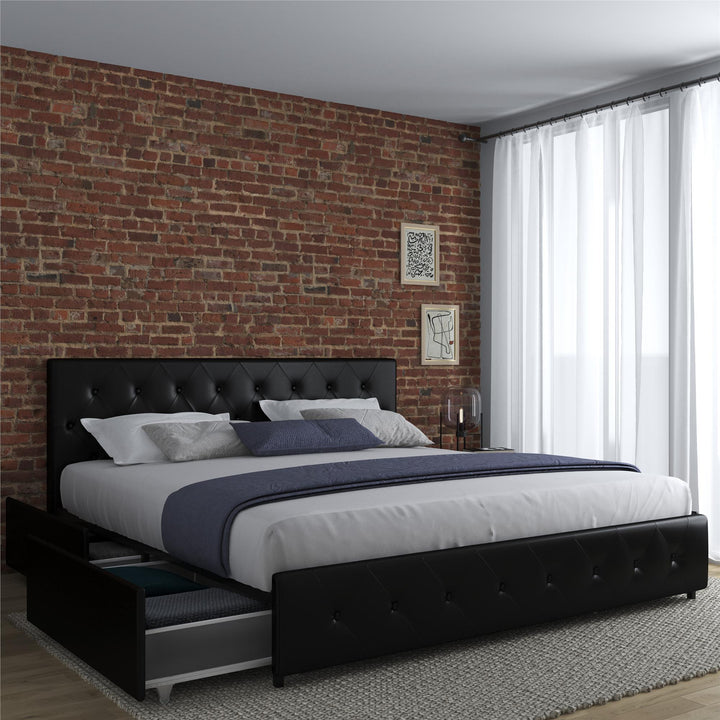 Dakota Upholstered Bed with Left Or Right Storage Drawers - Black Faux Leather - King