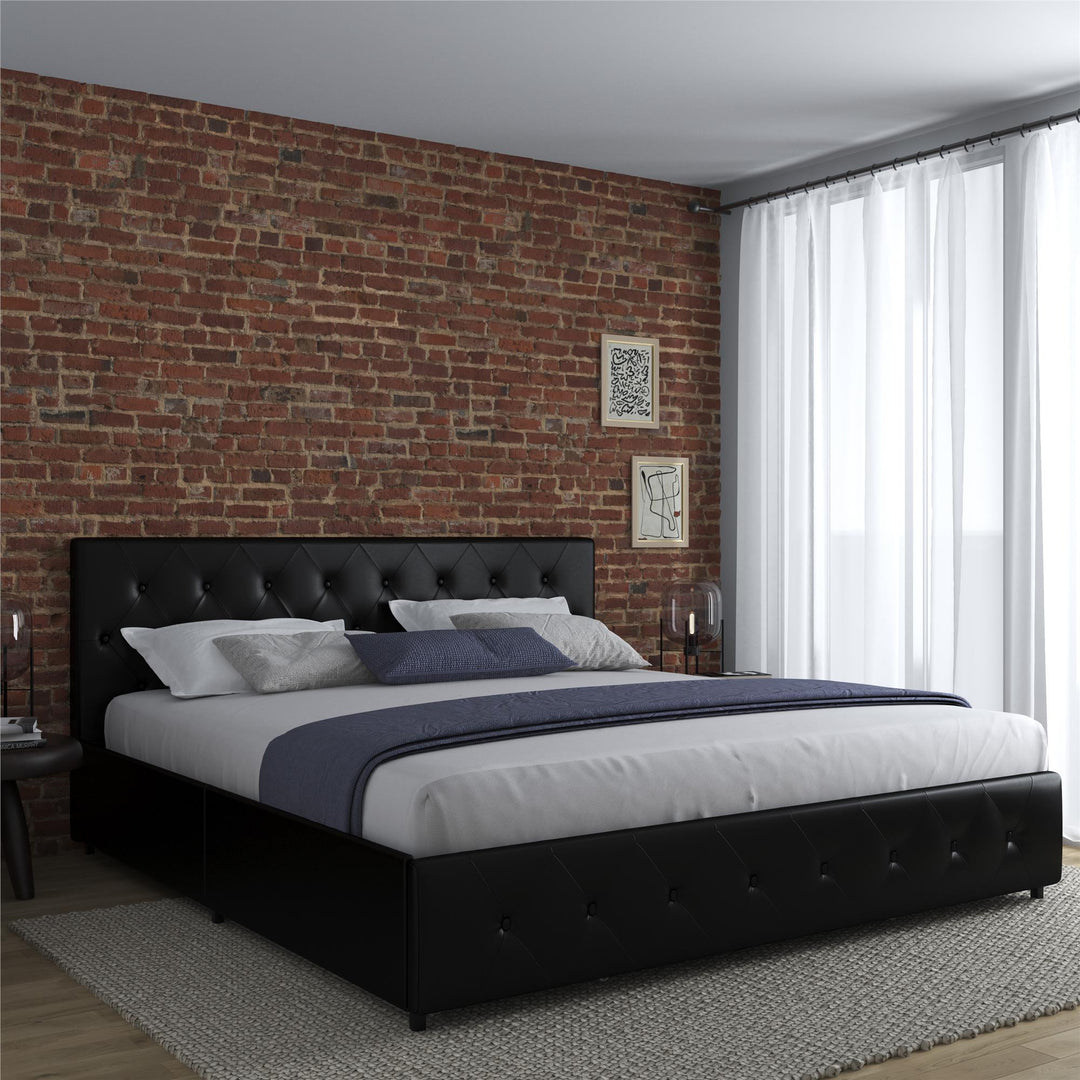 Dakota Upholstered Bed with Left Or Right Storage Drawers - Black Faux Leather - King
