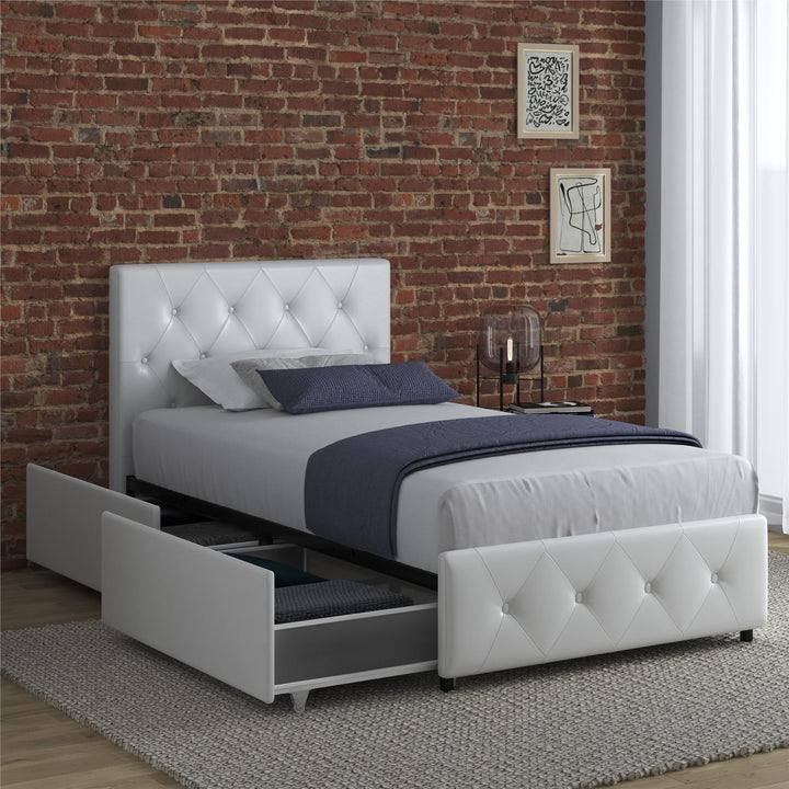 Dakota Upholstered Bed with Left Or Right Storage Drawers - White Faux leather - Twin