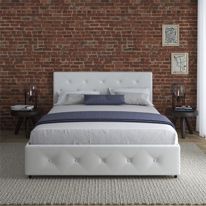 Dakota Upholstered Bed with Left Or Right Storage Drawers - White Faux leather - Full