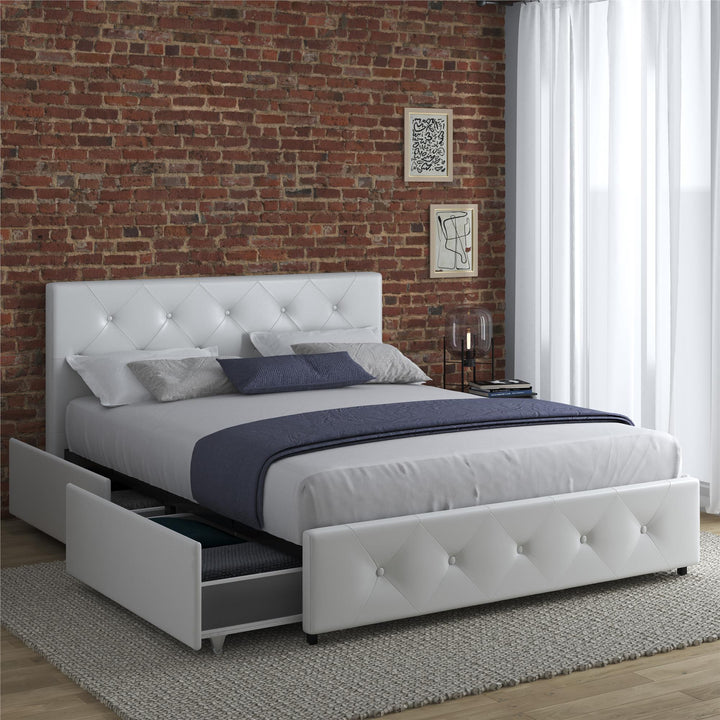 Dakota Upholstered Bed with Left Or Right Storage Drawers - White Faux leather - Queen