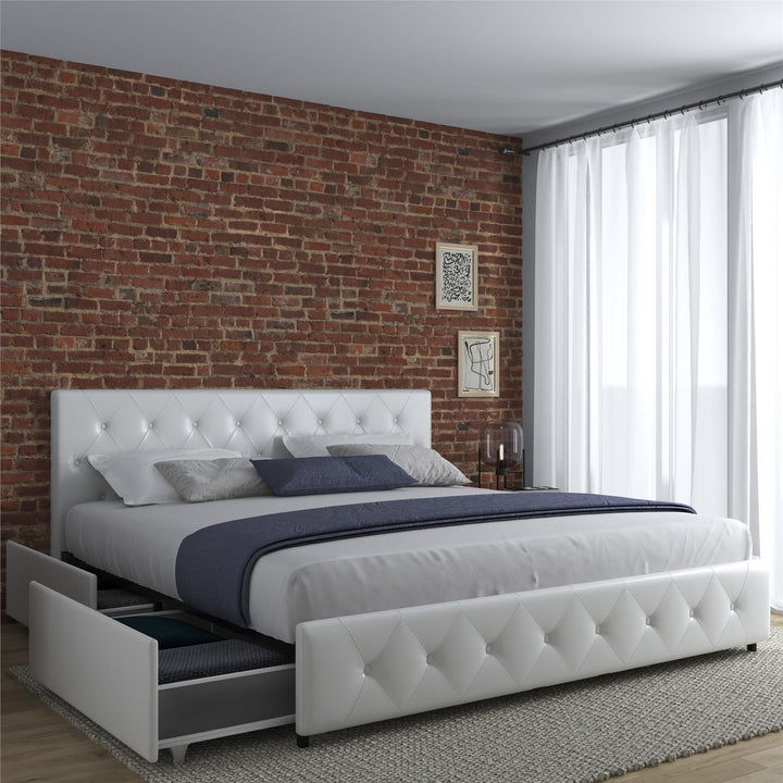 Dakota Upholstered Bed with Left Or Right Storage Drawers - White Faux leather - King