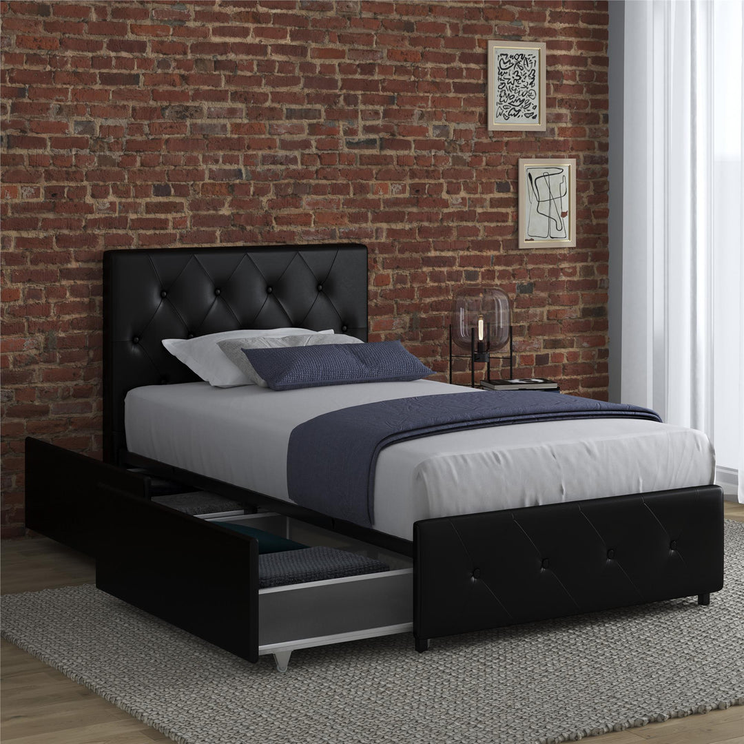 Dakota Upholstered Bed with Left Or Right Storage Drawers - Black Faux Leather - Twin