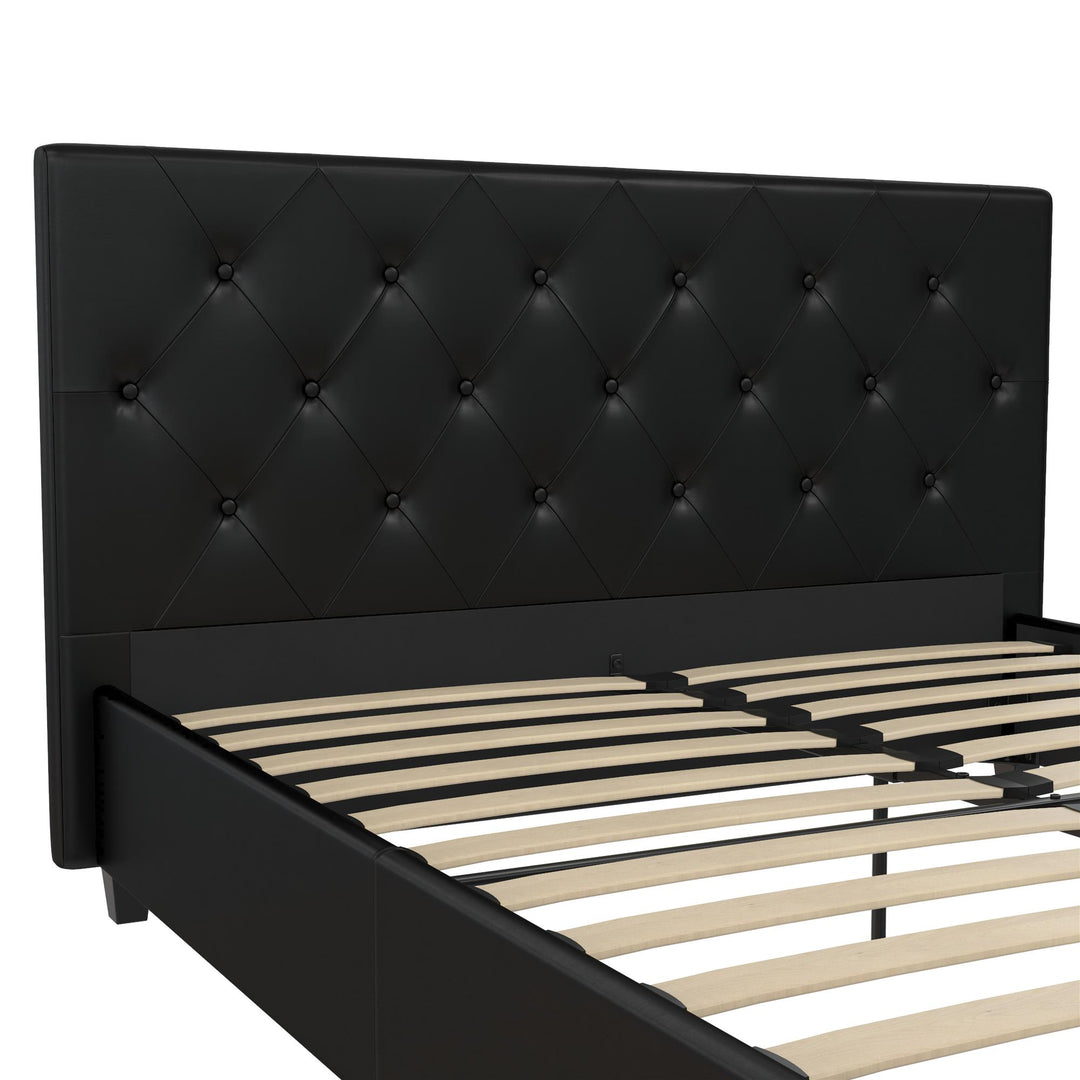 Dakota Upholstered Platform Bed With Diamond Button Tufted Headboard - Black Faux Leather - Queen