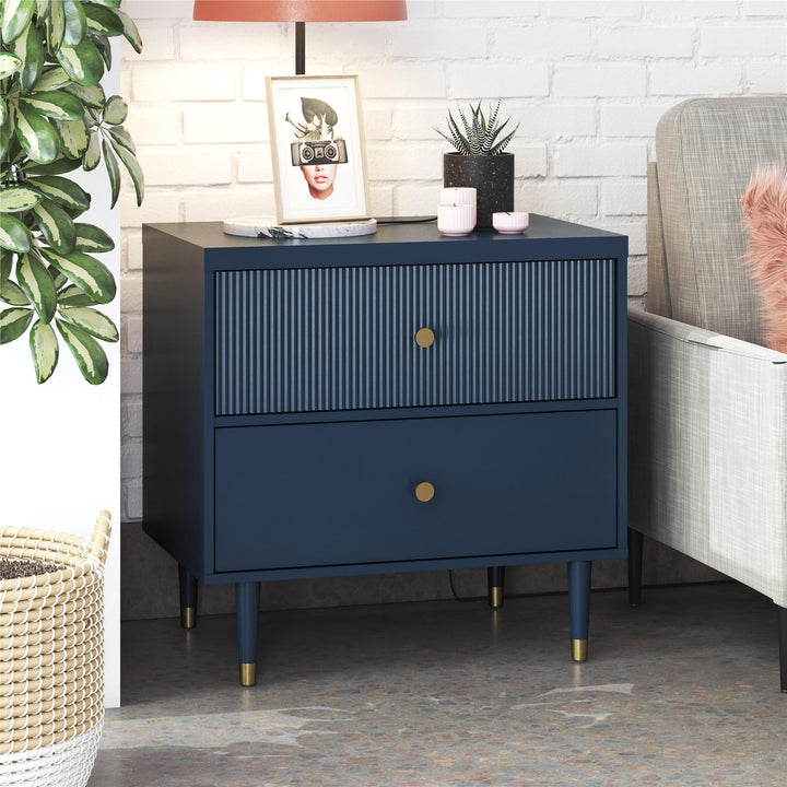 Modern Design 2 Drawer Textured Nightstand -  Navy