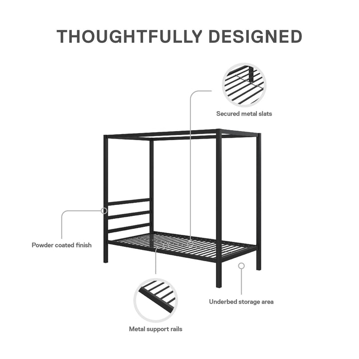Modern Metal Canopy Bed with Sleek Built-In Headboard - Black - Twin