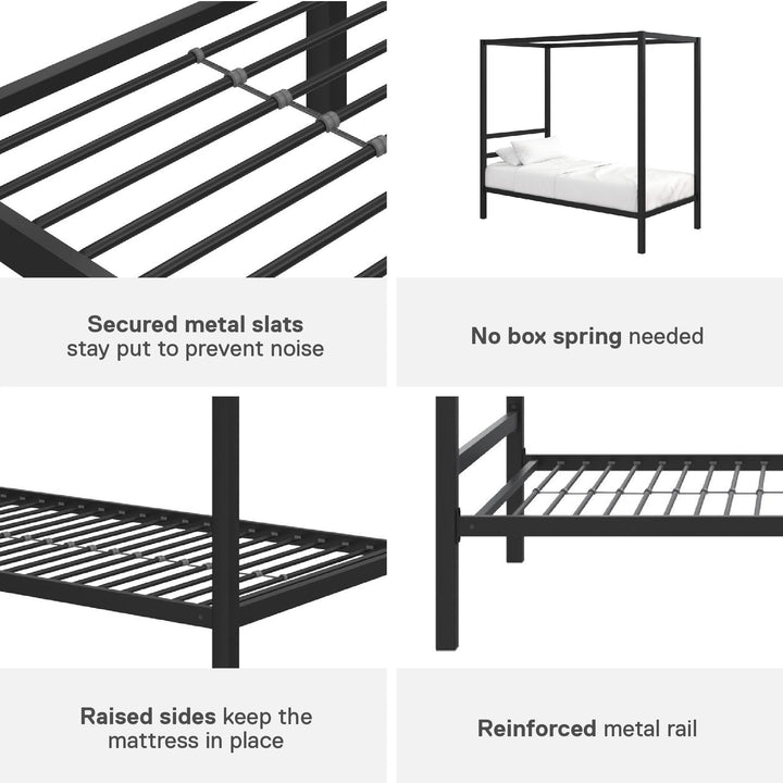Modern Metal Canopy Bed with Sleek Built-In Headboard - Black - Twin