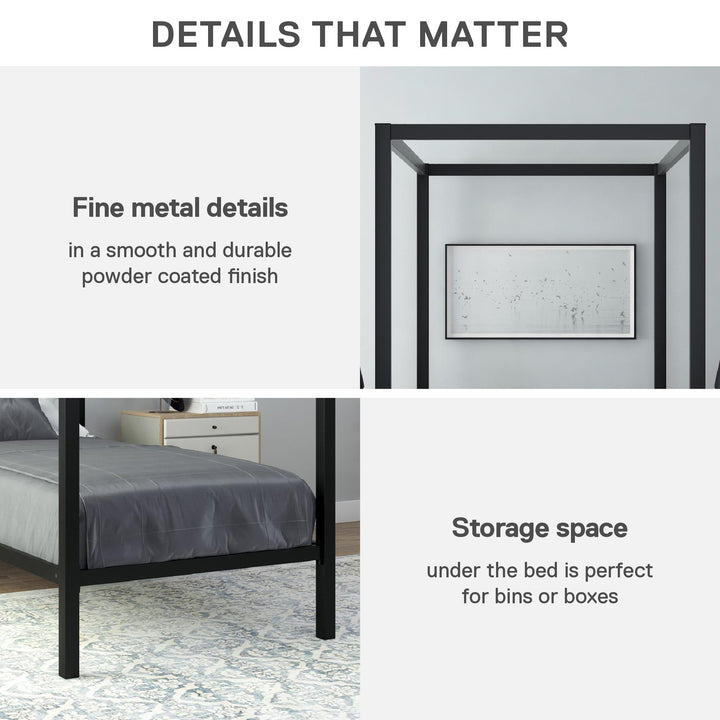 Modern Metal Canopy Bed with Sleek Built-In Headboard - Black - Twin
