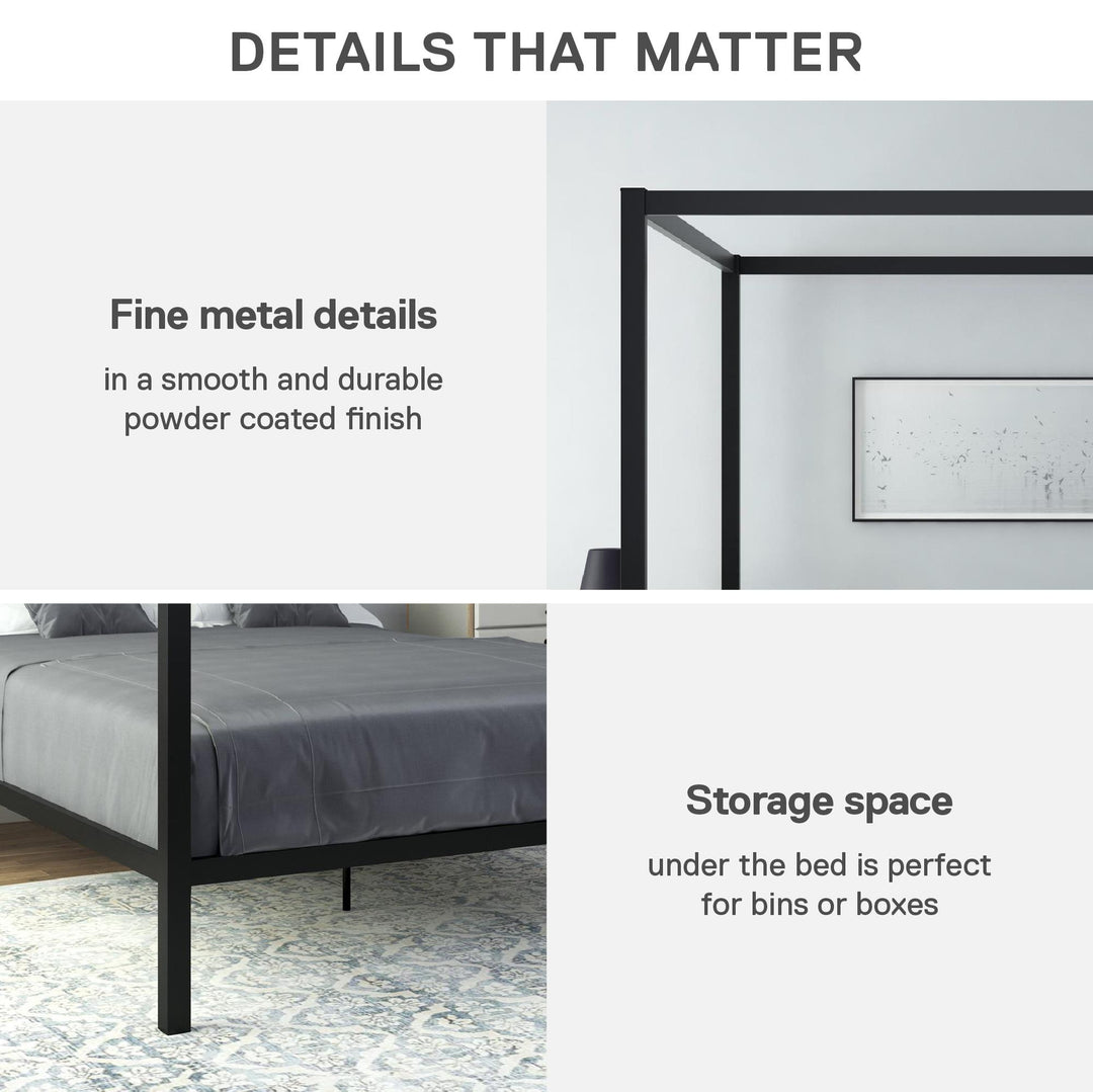 Modern Metal Canopy Bed with Sleek Built-In Headboard - Black - Queen