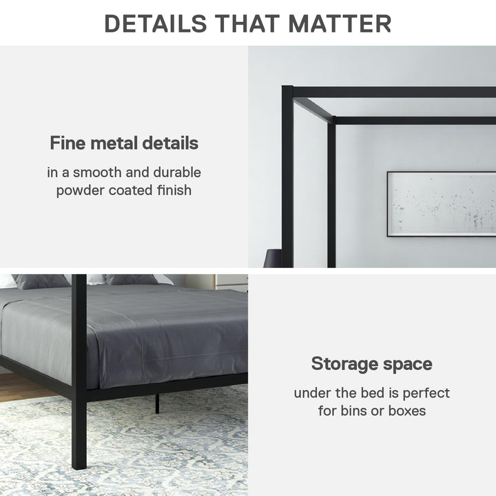 Modern Metal Canopy Bed with Sleek Built-In Headboard - Black - Queen