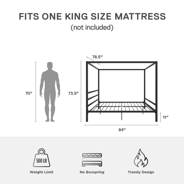 Modern Metal Canopy Bed -  Black  -  King