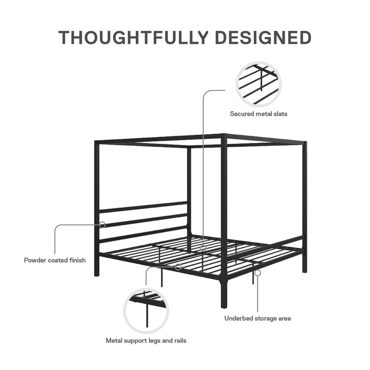 Modern Metal Canopy Bed with Sleek Built-In Headboard -  Black  -  King