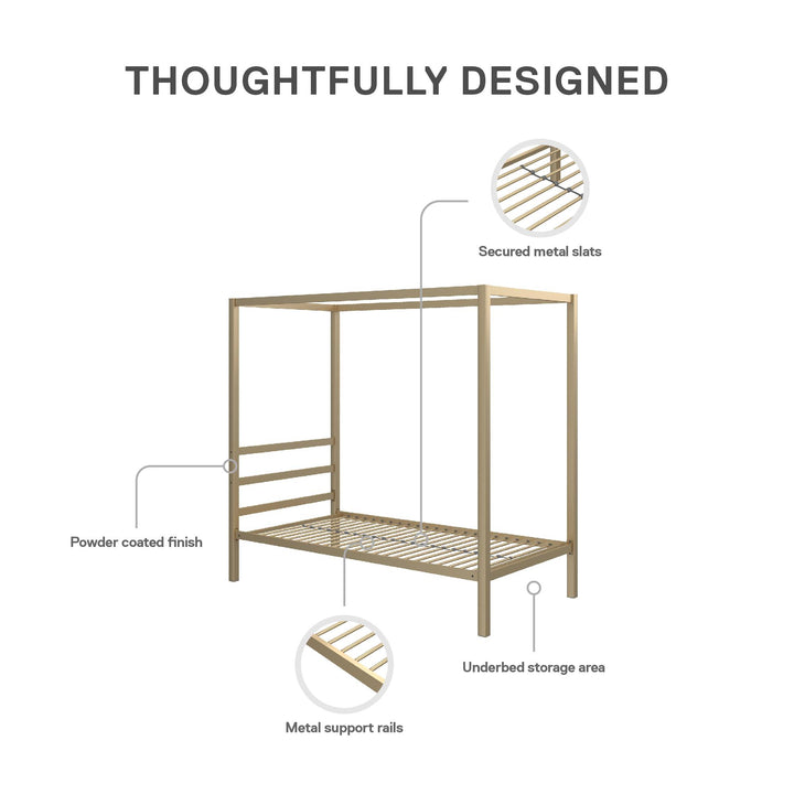 Modern Metal Canopy Bed with Sleek Built-In Headboard -  Gold  -  Twin