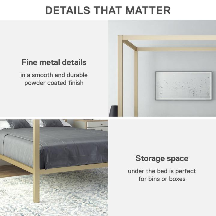 Modern Metal Canopy Bed with Sleek Built-In Headboard - Gold - Full